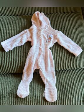 Baby Pink Hooded Knit One-Piece Romper Sleeper vintage sears